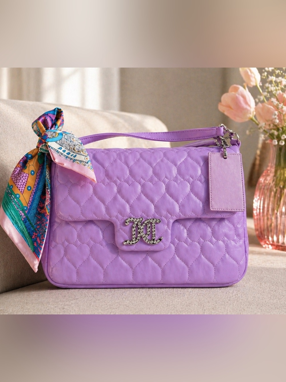 Juicy Couture Rhinestone Logo Y2K  Purple Shoulder Bag NWT - Free Scarf Styled